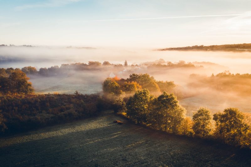 La brume enchanteresse laisse apparaître le parc naturel luxuriant du Périgord en Dordogne dans la région Nouvelle-Aquitaine en France.