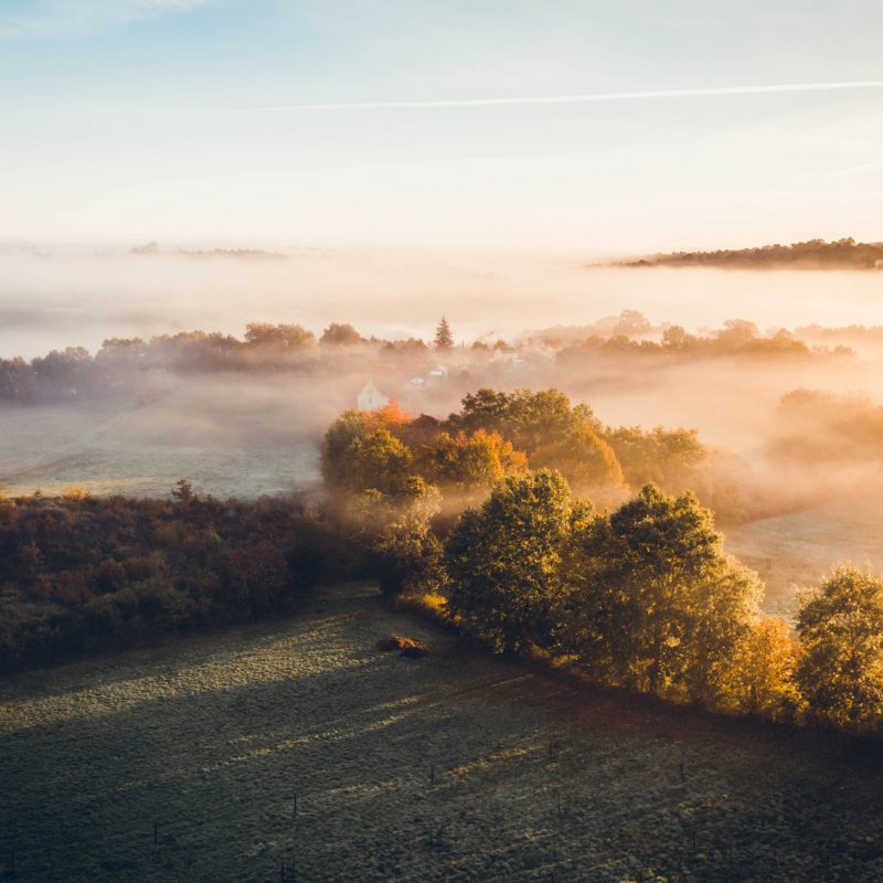 La brume enchanteresse laisse apparaître le parc naturel luxuriant du Périgord en Dordogne dans la région Nouvelle-Aquitaine en France.